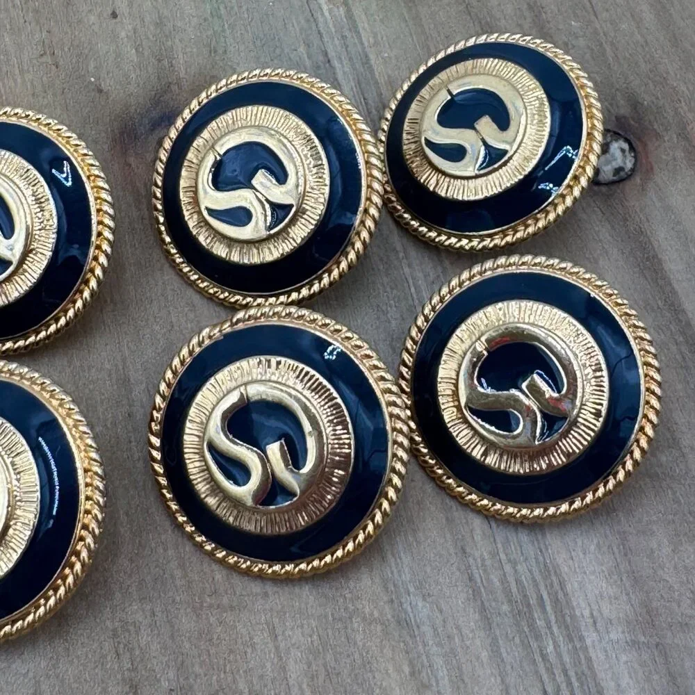 St. John Gold & Black Replacement Buttons Set Of 7 Round Rope Trim Design Shank